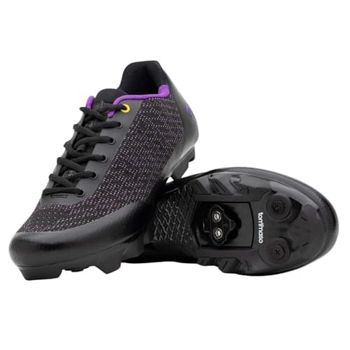 Image of Tommaso SPD Women's Cycling Shoes - for Mountain Bike & Outdoor Walking Comfort - Compatible with SPD Bricks - Pre-Installed Bricks Included, Black/Purple+SPD, 38.5 EU