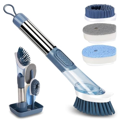 Image of AMFUN Soap Dispensing Dish Brush Set, Washing Up Brushes with Liquid Dispenser, Kitchen Brush for Pot Pan Sink Cleaning with 4 Replacement Heads (Blue)