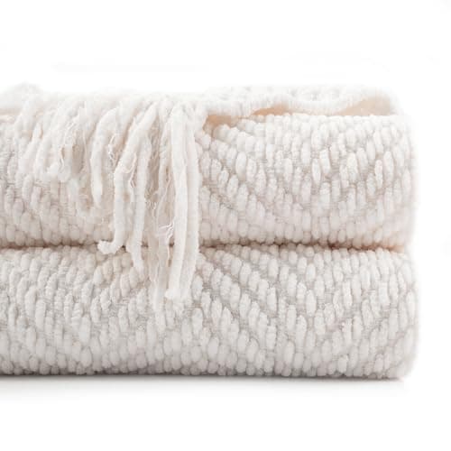 Image of Battilo Cream Throw Blanket for Sofa Couch Chair Bed, Super Soft Decorative Knitted Blanket with Tassels, Warm Cozy Couch Cover Blanket, Cream White Sofa Throw, Bed Blanket, 127x152cm