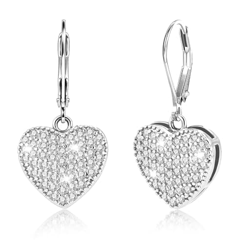 Image of Sterling Silver Dangle Earrings, ALEXCRAFT Heart Dangling Drop Earring for Women Trendy Hypoallergenic 925 Sterling Silver Leverback Earings Cubic Zirconia Heart Dangle Earrings for Women Lady