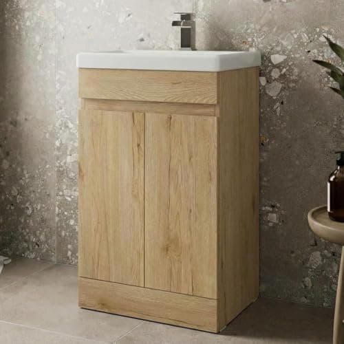 Image of Artis® Centro 500mm Bathroom Vanity Unit Ceramic Basin Sink, Cloakroom Storage Furniture Cabinet, Floorstanding Cupboard Soft Close Doors, Oak