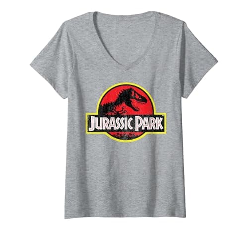 Image of Women's Jurassic Park Distressed Vintage Logo V-Neck T-Shirt, Heather Grey, Medium