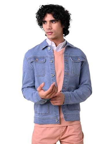 Image of Enorsia Mens Classic Blue Denim Jacket With Long Buttoned Sleeves, Button-Flap Patch Pockets At Chest And Leather Patch Detailing On The Bottom Hem (Blue, L)