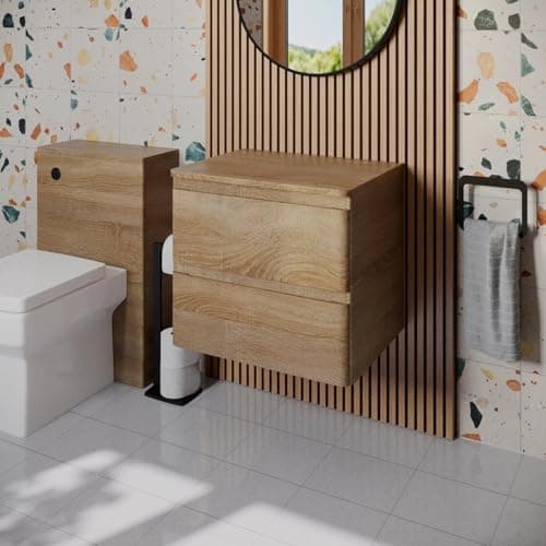 Image of Affine® Forma 600mm Bathroom Vanity Unit Wall Mounted Storage Cabinet Cupboard Furniture Cloakroom, Soft Close Drawers, Oak Wood Effect, No Basin
