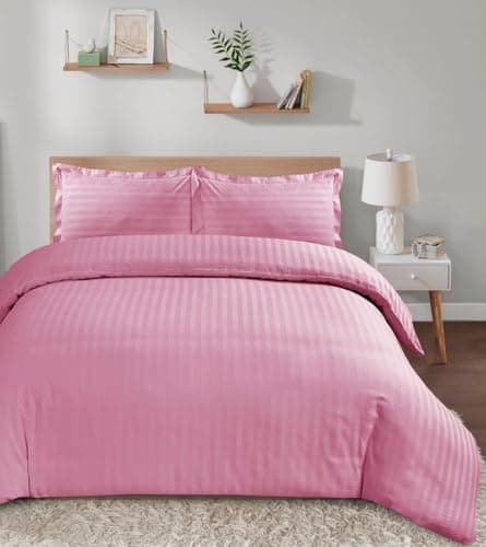 Image of Casabella Satin Stripe Duvet Cover Sets - Luxurious Double Pink Bedding with Satin Stripes, Hotel Quality Double Duvet Set & Pillowcases