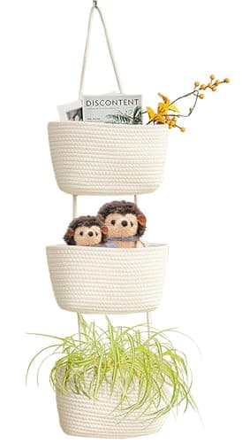 Image of AARAINBOW Wall Hanging Cotton Baskets, Large 3 Tier Decorative Hanging Baskets for Wall Door, Boho Nursery Wall Basket for Organizing, 3 Tier Hanging Basket Bathroom (B-White)