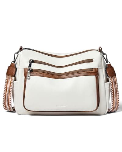 Image of Bluome Cross Body Bag Purses for Women, Vegan Leather ladies Handbags Multi Pocket Soft Shoulder Hobo Bag with Guitar Strap,Beige Brown