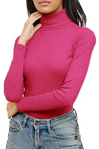 Image of Re Tech UK Ladies Plain Ribbed Cotton Polo Turtle Roll Neck Tunic Top Jumper Full Sleeve, Hot Pink, M/L 12-14