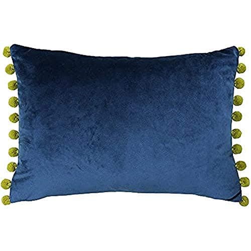 Image of Riva Paoletti Fiesta Rectangular Filled Cushion Blue Yellow Pompom Edges-Faux Velvet Fabric-Discreet Zip Closure-100 Case (14" x 20" inches), Polyester, Indigo/Olive, 35 x 50cm