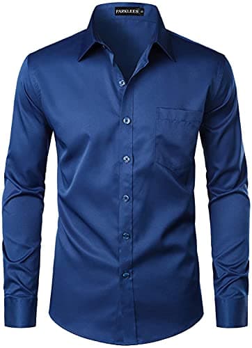 Image of PARKLEES Men's Urban Stylish Casual Business Slim Fit Long Sleeve Button Up Dress Shirt with Pocket Navy Blue XL