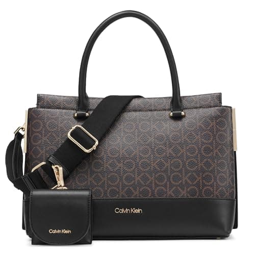 Image of Calvin Klein Women's Bianca Triple Compartment Satchel, Brown/Khaki/Black, One Size