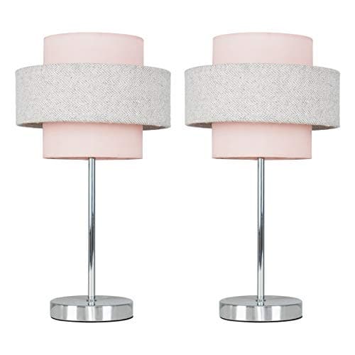 Image of MiniSun | Modern Polished Chrome Touch Table Lamps with a Pink and Grey Herringbone Shade | Table Lamps, Home Décor & Improvement Essential | Set of 2 | Includes 5W LED Bulbs [3000K Warm White]
