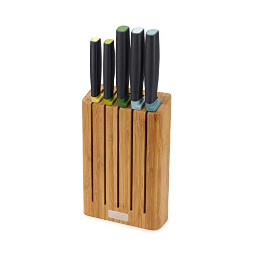 Image of Joseph Joseph Elevate - 5-Piece Japanese Stainless-Steel Kitchen Knife Set with Slimline Bamboo Block, Multicolour