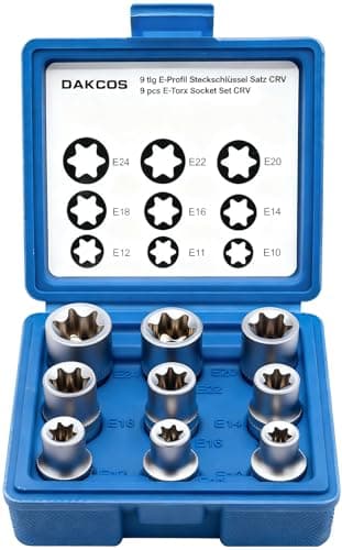 Image of DAKCOS 9pcs Female E-Torx Star Socket Set, External 1/2" Drive Sockets E10, E11, E12, E14, E16, E18, E20, E22, E24 Made of CR-V with Matt Chrome Finish