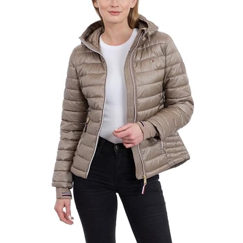 Image of Tommy Hilfiger Ladies Lightweight Packable Puffer Jacket with Hood and Pocket, taupe, S