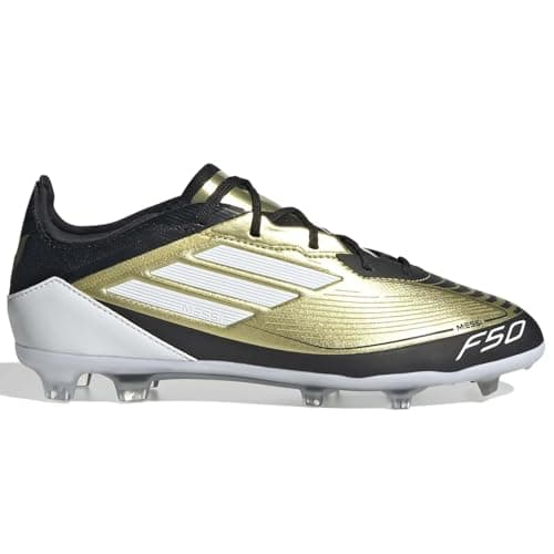 Image of adidas F50 Pro Messi Youth Firm Ground Football Boots - With Messi, HybridTouch Upper, Firm Ground Outsole for Improved Performance, Gold Metallic Footwear White Core Black Gold, 4.5 UK