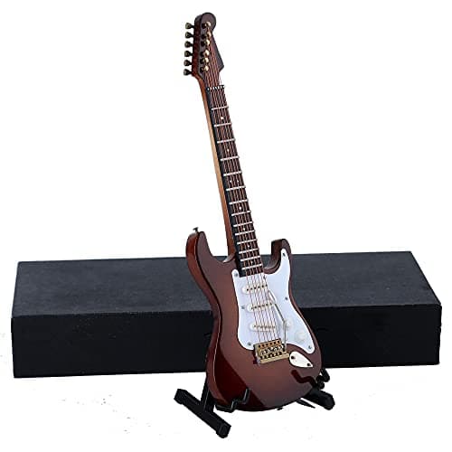 Image of Dselvgvu Wooden Miniature Electric Guitar with Stand and Case Mini Musical Instrument Miniature Dollhouse Model Birthday Present (Electric Guitar:Brown, 7.09"x2.27"x0.54")