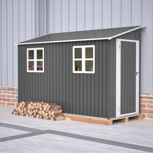 Image of BIRCHTREE 4x10ft Lean To Garden Shed Metal Outdoor Storage Shelter Tool House Pent Roof with Windows, Vent, Lockable Single Door, Grey