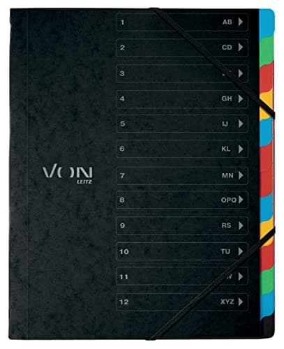 Image of VON Leitz 30150095 Pack of 5 A4 Folder with 12 Compartments, Project Folder with Coloured Plastic Tabs, Lightweight Cardboard Document Tray, Elastic Closure, Black