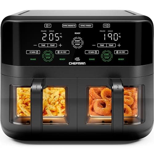 Image of CHEFMAN 5.6L Dual Air Fryer Oven, Dishwasher Safe Frying Baskets, Double Air Fryer with Sync Finish, Hi-Fry, Auto Shutoff and Easy View Windows, Black