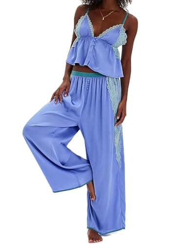 Image of SANSIWU Women Satin Pajamas Set 2 Piece Button Down Ruffled Spaghetti Strap Cami Top And Wide Leg Pants Outfits (Purple, M)