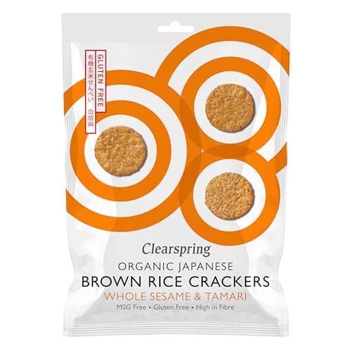 Image of Clearspring Organic Japanese Brown Rice Crackers | Whole Sesame & Tamari | 40g | Gluten Free | High in Fibre | Vegan | Greate Taste Awards