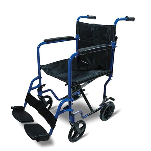 Image of Aluminium Travel Transit Chair – Lightweight Foldable Wheelchair with Padded Armrests and Adjustable Footrests (Blue)