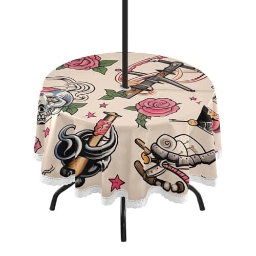 Image of Sevdomey Tattoo Print Round Tablecloth 60 Inch, Polyester Lace Edge Table Cover with Umbrella Hole & Zipper, Easy Clean for Kitchen Dining Patio Picnic