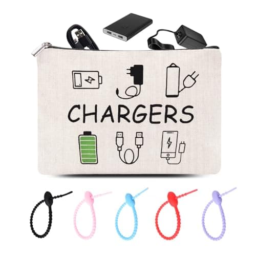 Image of Chargers Organiser Set for Women Men Canvas Storage Pouch for Charging Cables Plugs Storage Bag with 5 Silicone Cable Ties Orgainser for Travel Home Charger Toiletry Makeup Bag with Zipper