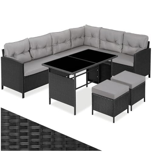 Image of tectake® 8-Seater Rattan Garden Furniture Set - Modular Garden Sofa, Glass-Top Dining Table, 2 Stools & Cushions - Outdoor Furniture Set with UV-Resistant Polyrattan & Steel Frame - Black/Grey