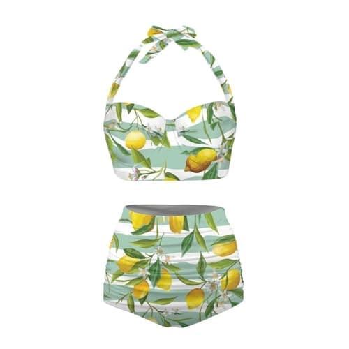 Image of Generisch Women's Bikini Set with Lemon Print, Halterneck Top and High-Waist Bottoms with Floral All-Over Pattern in White/Yellow, Summer Swimsuit for Beach and Pool, style_l02 blue, S