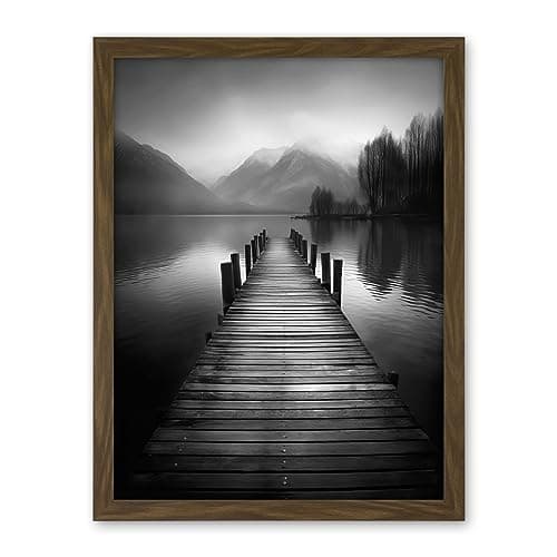 Image of Artery8 Lake Pier Mountain Landscape Black and White Photo Artwork Framed Wall Art Print 18X24 Inch