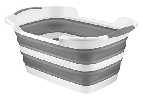 Image of Homeshopa Collapsible Plastic Laundry Basket, 27 Litre Foldable Pop Up Storage Container/Organiser, Portable Washing Tub, Strong & Durable Space Saving Washing/Clothes Bucket/Hamper White & Grey