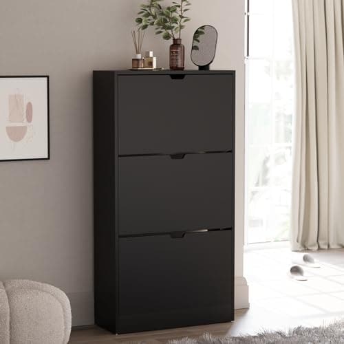 Image of Vida Designs Shoe Cabinet, Wooden Shoe Storage Unit with 3 Flip Drawers, Multifunctional Dust-Proof Space-Saving Slim Cupboard for Hallway or Entryway, 100% FSC Certified (Black)