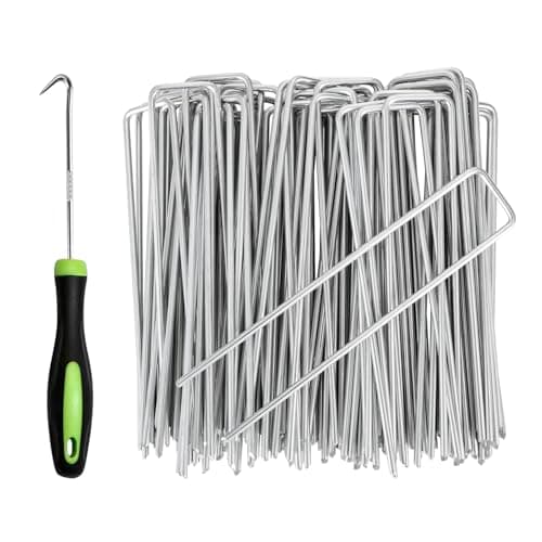 Image of RnCop Galvanized Garden Pegs, 50 Pack 6"/15cm Weed Membrane Pegs, Strong U-Shaped Ground Stakes Steel for Fixing Landscape Fabric(with 1 pick hook)