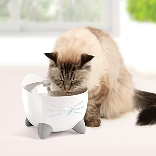 Image of Catit PIXI Smart Drinking Water Fountain for Cats, White, Automatic Pet Drinking Fountain with Triple Action Carbon Filter, Refill Level Window and LED Nightlight with Smart App Connectivity