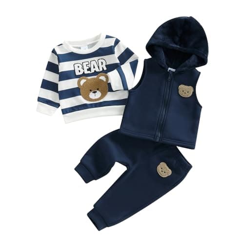 Image of BeliBacca Toddler Boy Fall Winter Outfits Set Bear Embroidery Striped Long Sleeve Pullover Zipper Plush Hoodie Jacket Vest Jogger Pants Set 3pcs Baby Boy Clothes (Multicolor, 9-12 Months)