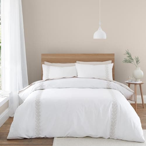 Image of Bianca Embroidery Leaf 180 Thread Count Cotton Double Duvet Cover Set with Pillowcases Natural