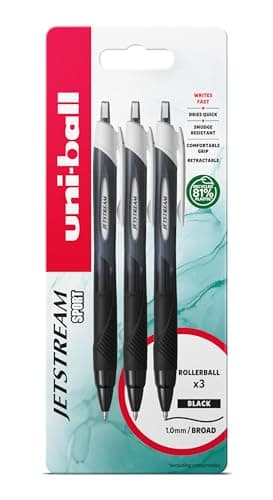 Image of uni-ball Jetstream Sport SXN-150S Ballpoint Gel Pens. Premium 1.0mm Rollerball Tip. Smooth Writing Black Uni Super Ink Dries Instantly. Pack of 3 in Plastic Free Packaging