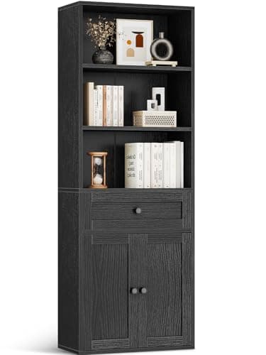 Image of Coleshome 5-Tier Bookcase with Doors and Cabinet, Bookshelf Floor Standing Display Storage Shelf, Tall Bookcase with drawers for Home, Office, Living Room, Bedroom, Black, 48 x 24 x 164.2