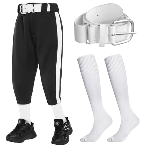 Image of Cozypower Youth Boys Girls 3 Piece Baseball Combo Set Softball Pants with Socks and Belt, White with black trousers, 10-12 Years
