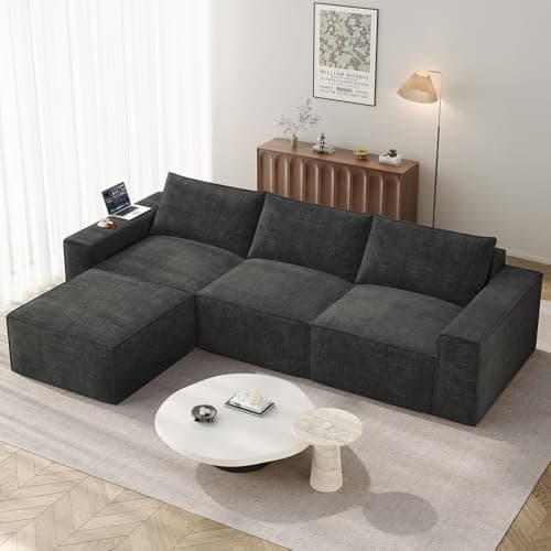 Image of Vesgantti L Shaped Sectional Sofa in Chenille Grey, 290cm Boneless Couch with Deep Seat, No Assembly Required, Cloud Couches for Living Room and Apartment, 3 Seate+Ottoman
