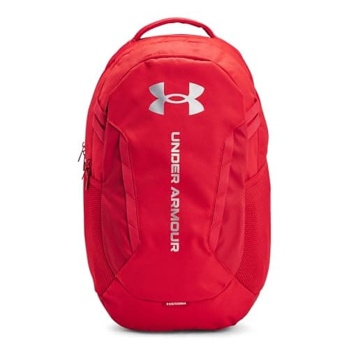 Image of Under Armour Unisex's Hustle 6.0 Backpack, (600) Red/Red/Metallic Silver, One Size