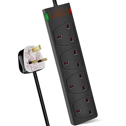Image of ExtraStar 4 Way Extension Lead with Surge Protection, 13A/250V~ Multi Sockets Power Strips, 3120W Fused UK Plug Wall Mounted Power Socket with 3M Extension Cord-Black