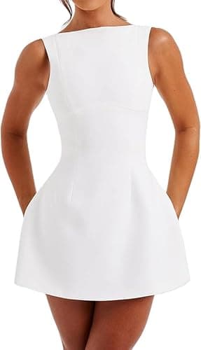 Image of Crsiphee Women Summer Dresses Elegant Mini Dress Sexy Sleeveless A-Line Bodycon Backless Dresses for Night Out Party Graduation Wear White M