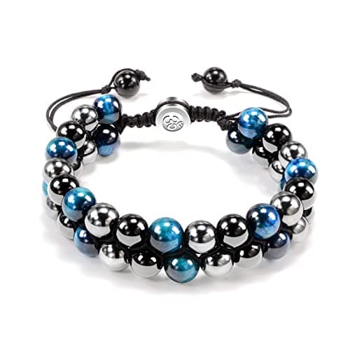 Image of VGWON Mens Crystal Bracelet 8mm Blue Tiger Eye Obsidian Natural Stone Beads Triple Protection Bracelet Christmas Valentine's Day Father's Day Gift to Bring Luck and Prosperity
