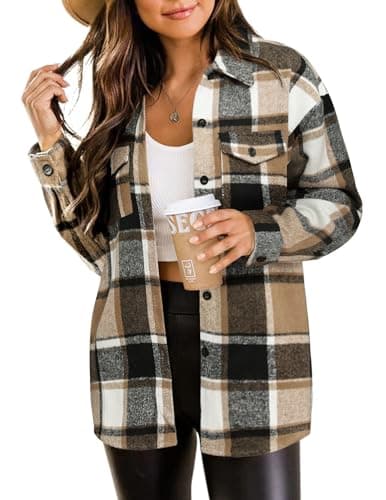 Image of Zeagoo Womens Flannel Shirt Long Sleeve Checked Shirts Casual Overshirt Button Down Shacket Spring Brown M