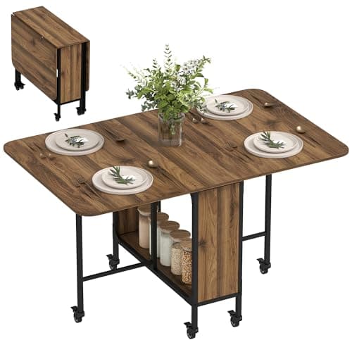 Image of HOMCOM Mobile Drop Leaf Table, Folding Dining Table with 6 Wheels & Storage Shelf for Small Spaces, Kitchen, Dining Room, Brown Wood Grain