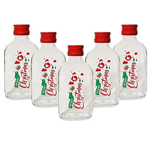 Image of DIAH DO IT AT HOME 10 Pack 100ml Christmas Glass Hip Flask Bottles with Red Screw Caps - 'Merry Christmas' Screen Printed Empty Bottles for DIY Homemade Liqueur Gifts & Stocking Fillers (Set of 10)