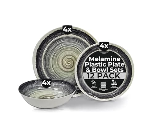 Image of Vanilla Leisure - Melamine Plastic Plate & Bowl Set 12 Piece Set BPA Free & Dishwasher Safe Alfresco Outdoor Camping Plates & Bowl Sets for Caravan Motorhome Heat Resistant Artisan Styled Tableware.